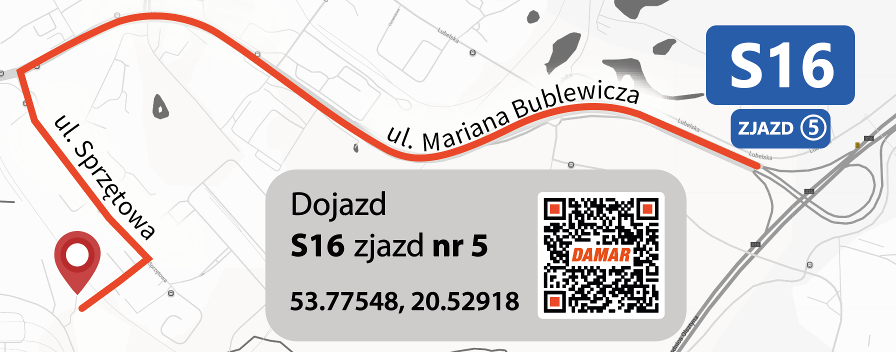 Mapa dojazdu do serwisu Damar Transport – zjazd nr 5 z S16, ul. Mariana Bublewicza